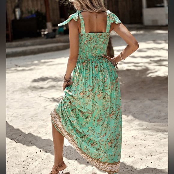 Boho Floral Print Smocked Tie Shoulder Tube Top Cami Dress - Picture 3 of 5